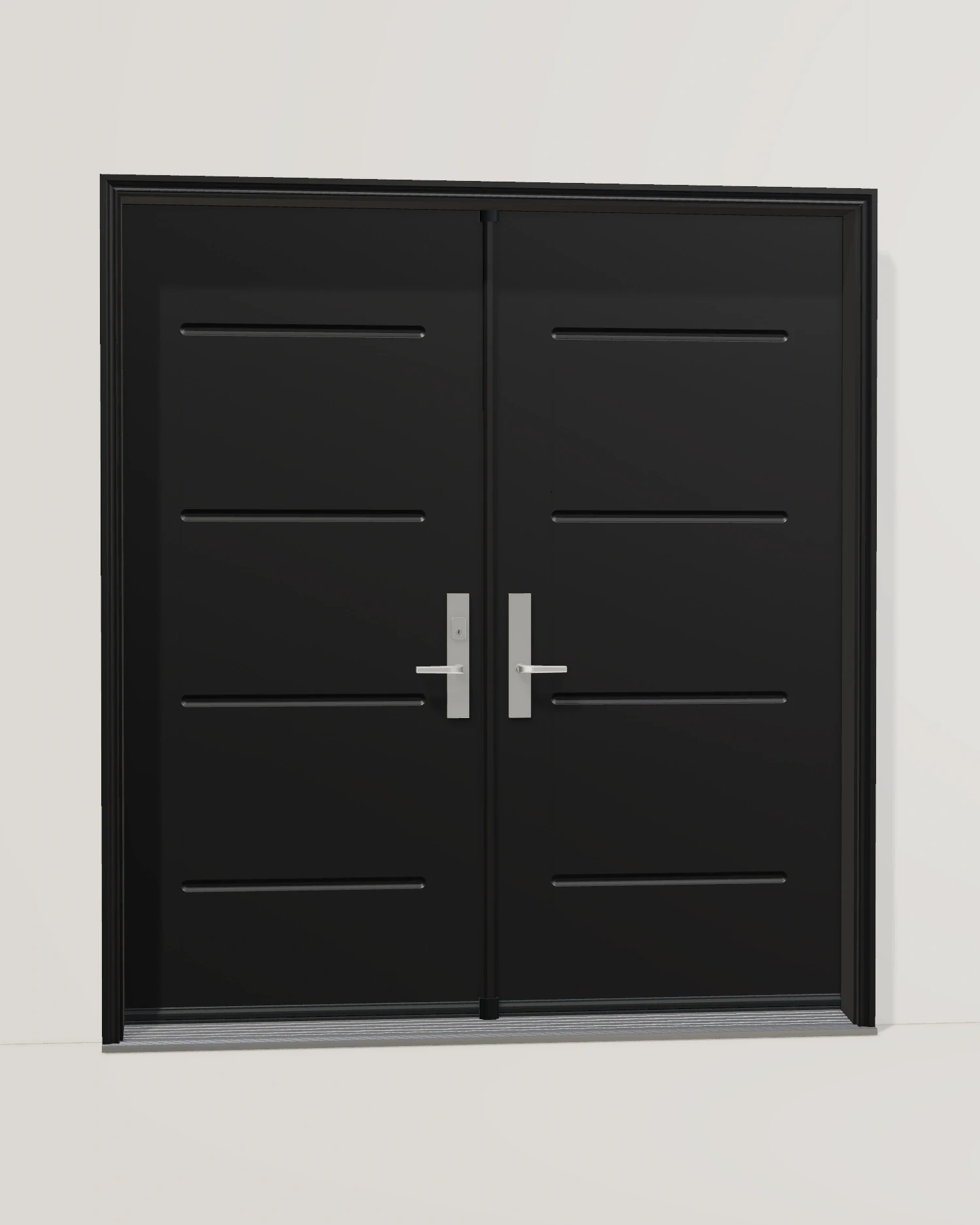Black, double doors and coordinated frame and hardware.