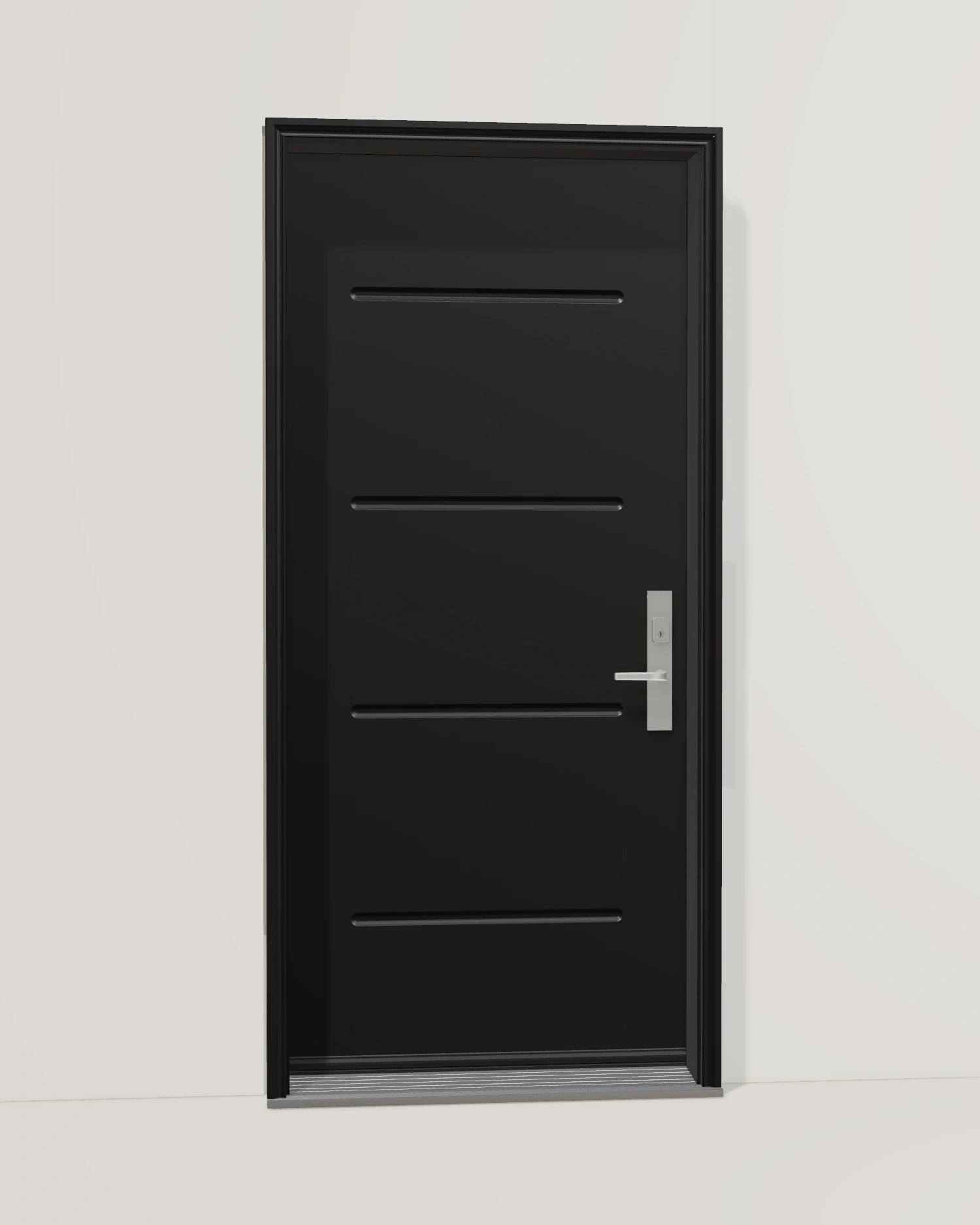Architectural horizontal lines with satin-nickel Roma hardware.