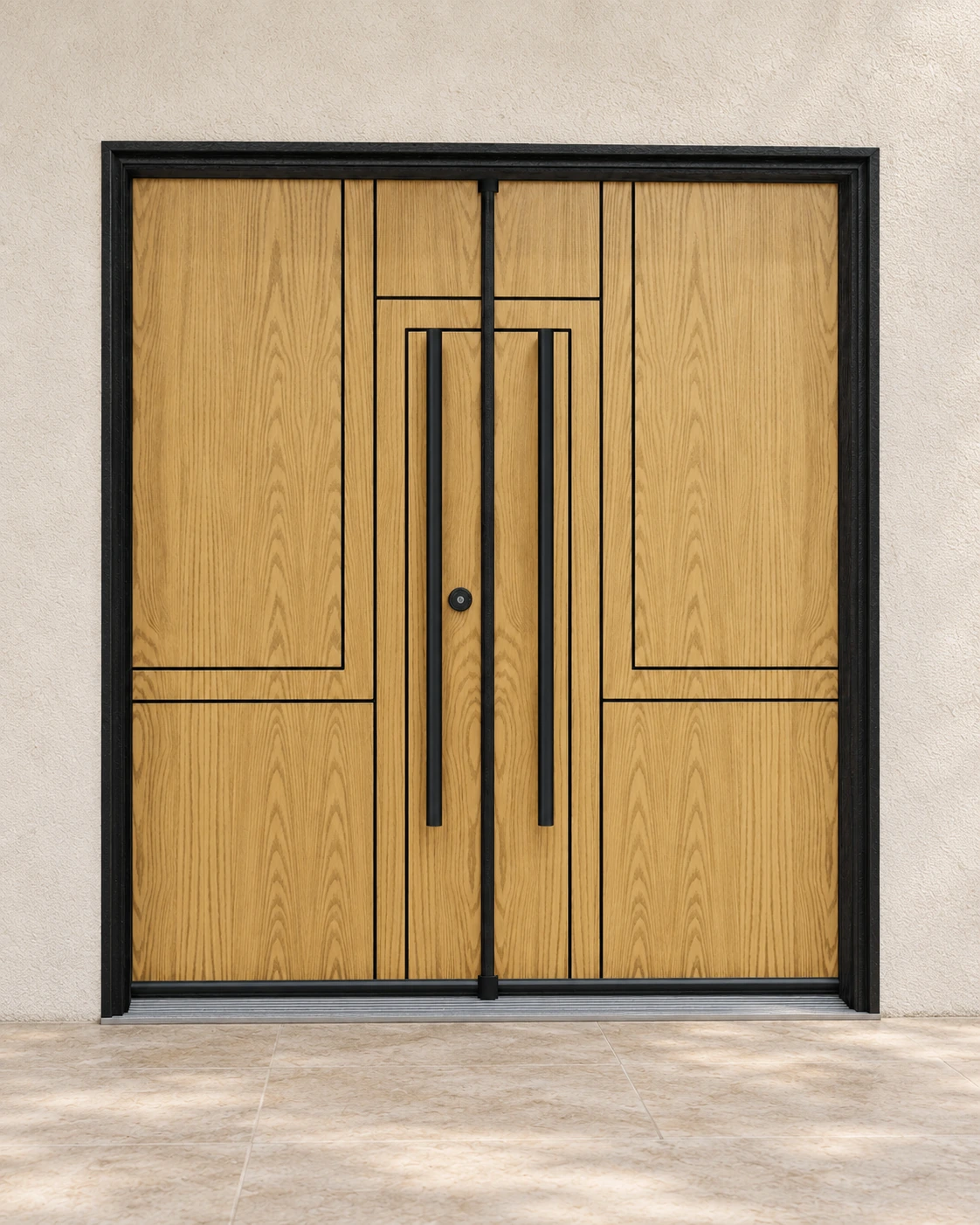 Honey Oak, double doors and coordinated frame and hardware.