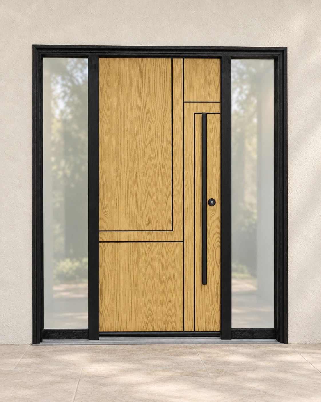 Honey Oak, two sidelites and coordinated frame and hardware.