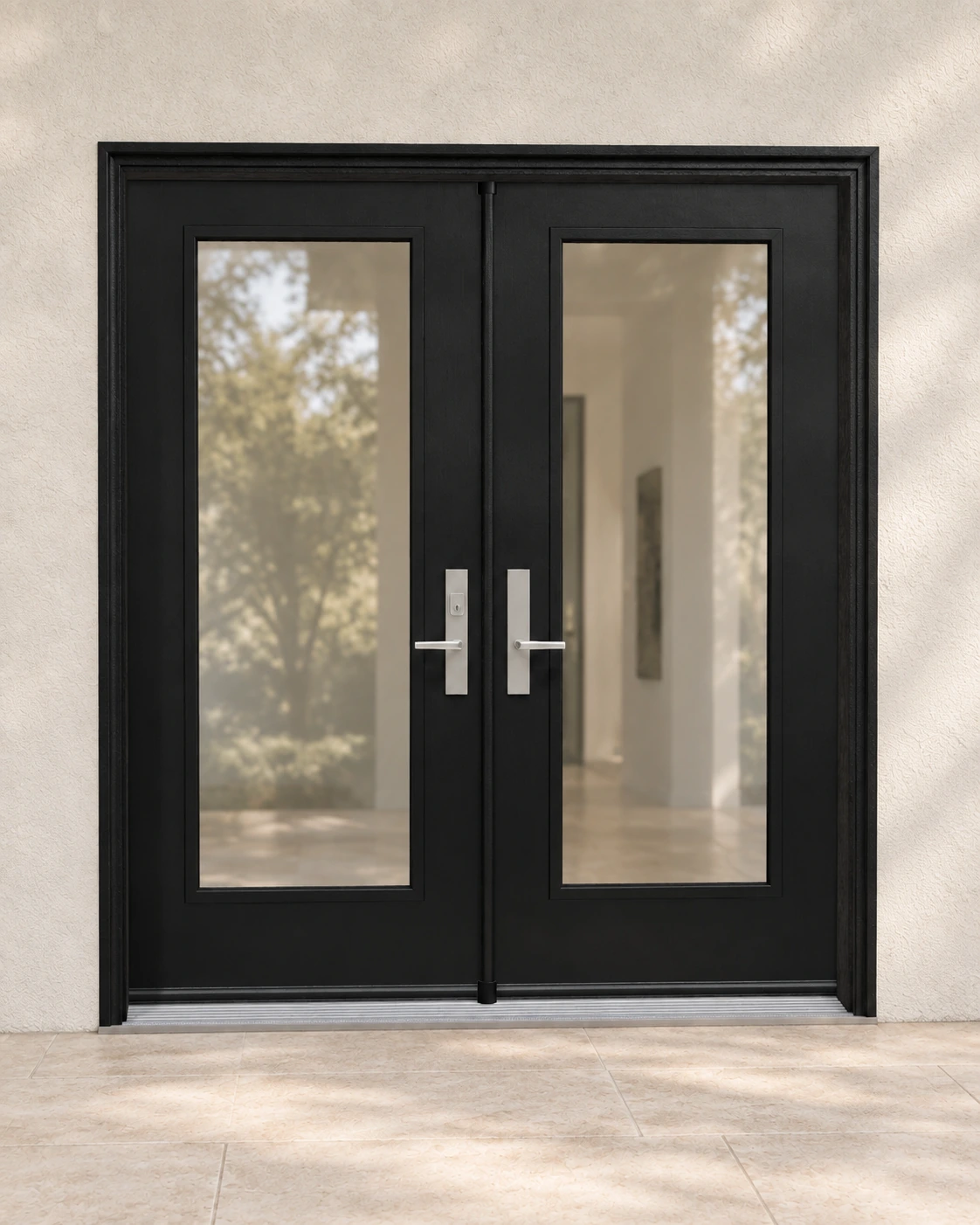 Black, double doors and coordinated frame and hardware.