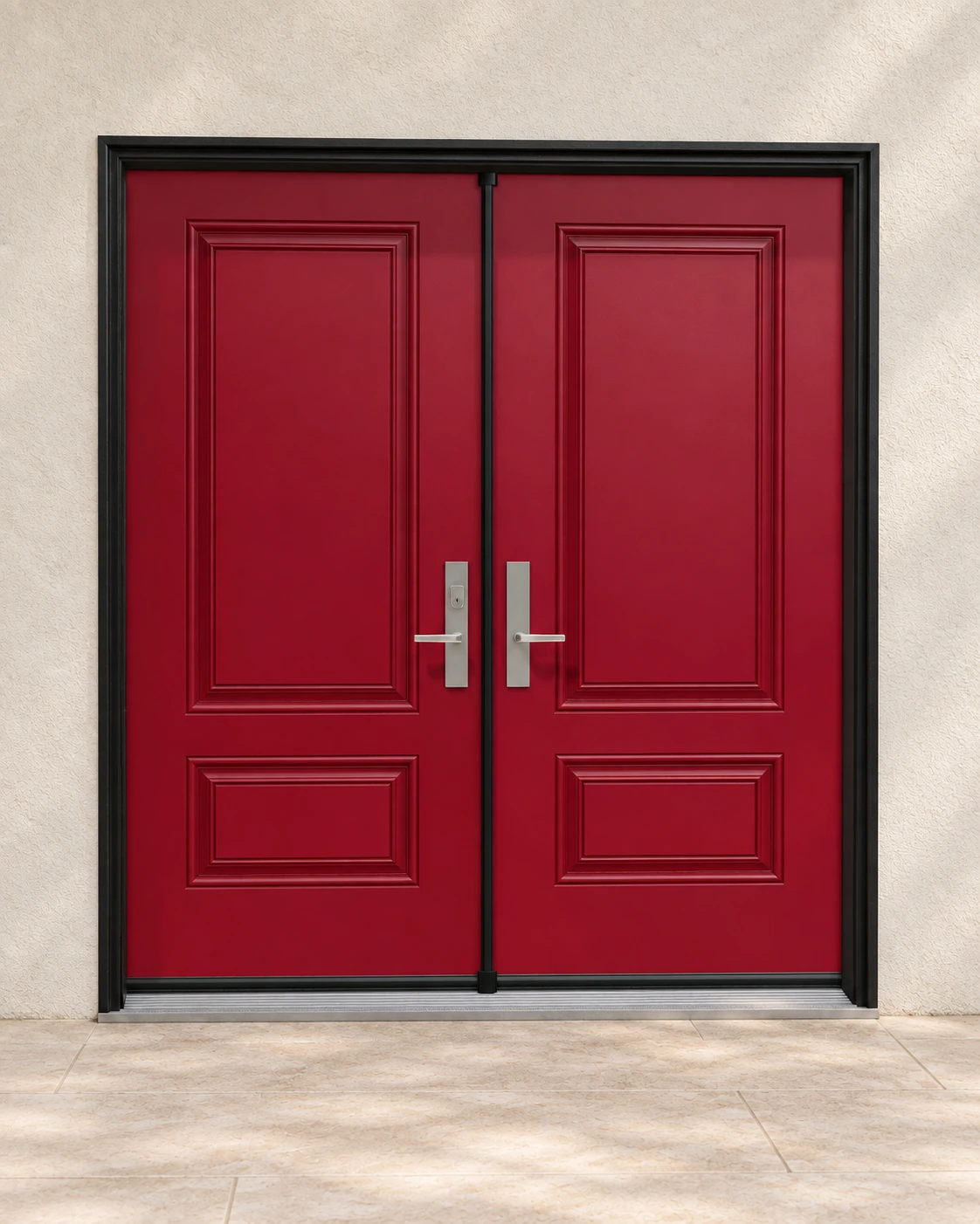 Burgundy, double doors and coordinated frame and hardware.