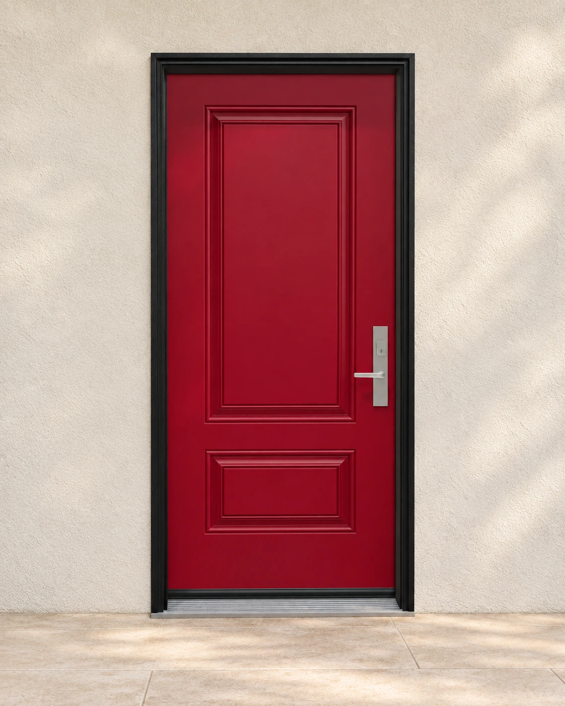Sculpted traditional panels and satin-nickel Roma hardware.