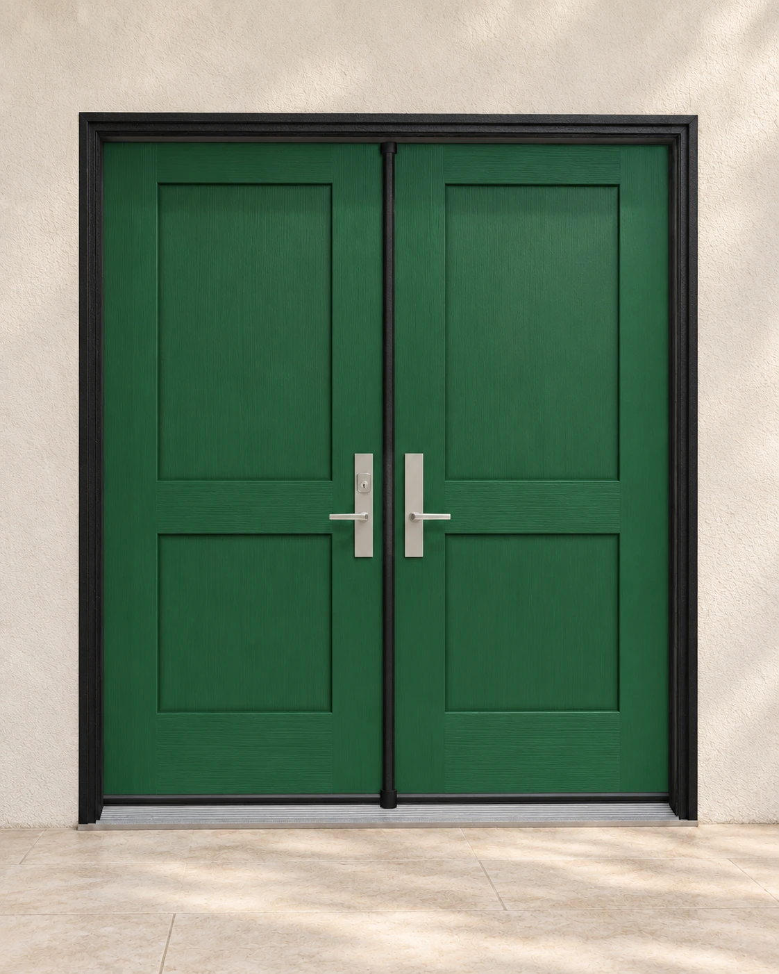 Forest Green, double doors and coordinated frame and hardware.