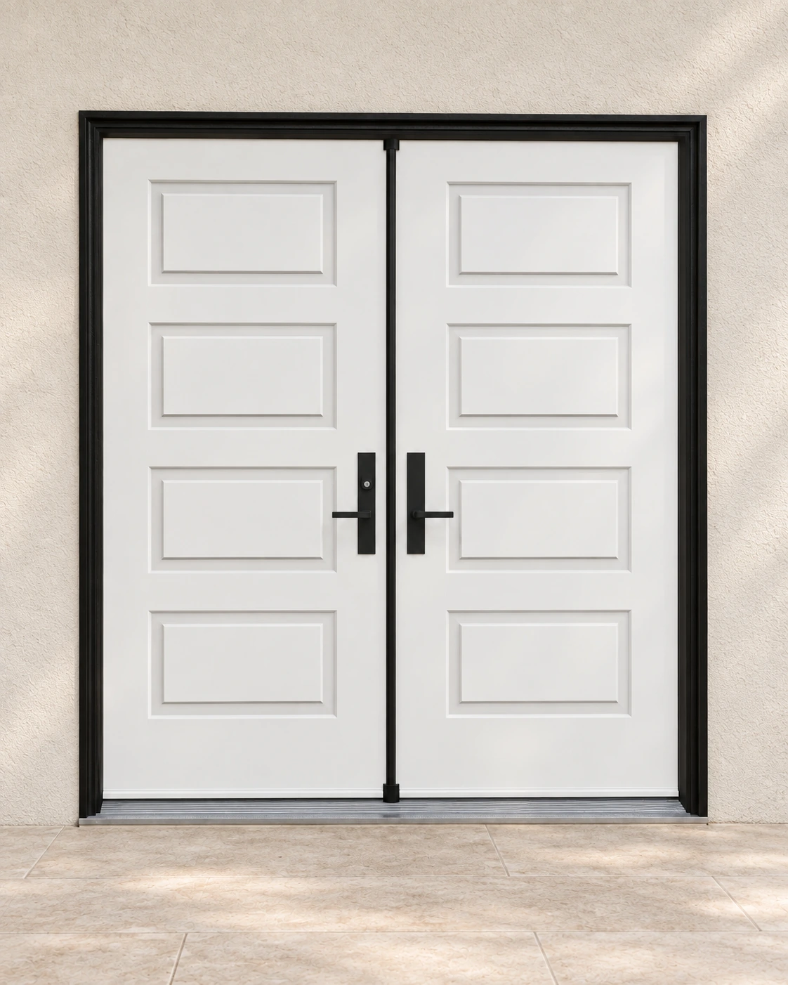 White, double doors and coordinated frame and hardware.