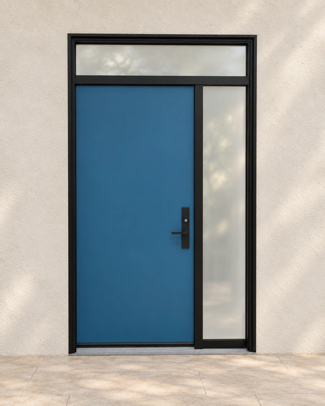 A smooth blue slab with a sandblasted sidelite and transom.