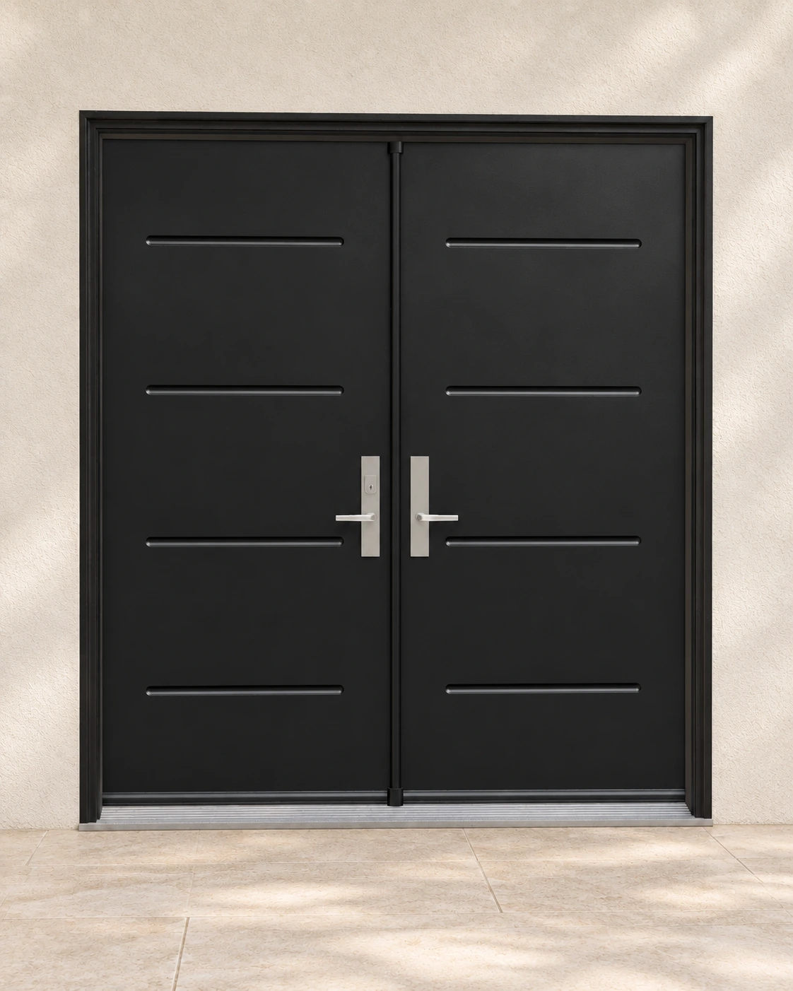 Black, double doors and coordinated frame and hardware.
