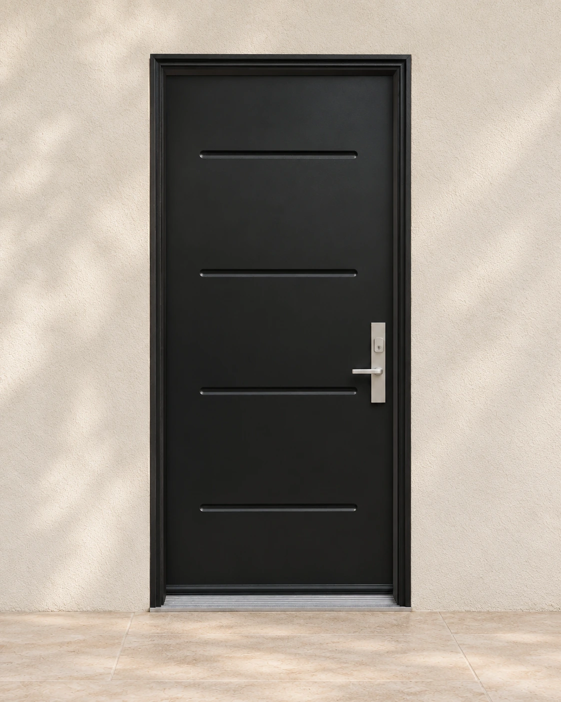 Architectural horizontal lines with satin-nickel Roma hardware.