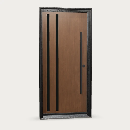 Panes Signature Stealth Fiberglass Entry Door shown with optional finish and hardware upgrades