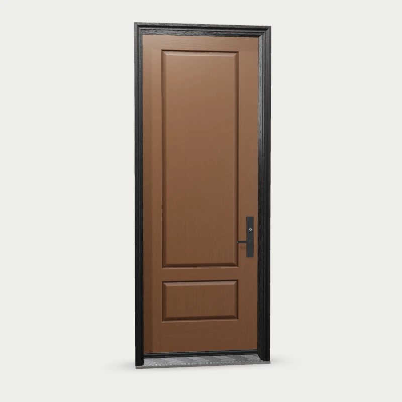 Brush Stroke two panel Fiberglass Entry Door shown with optional finish and hardware upgrades