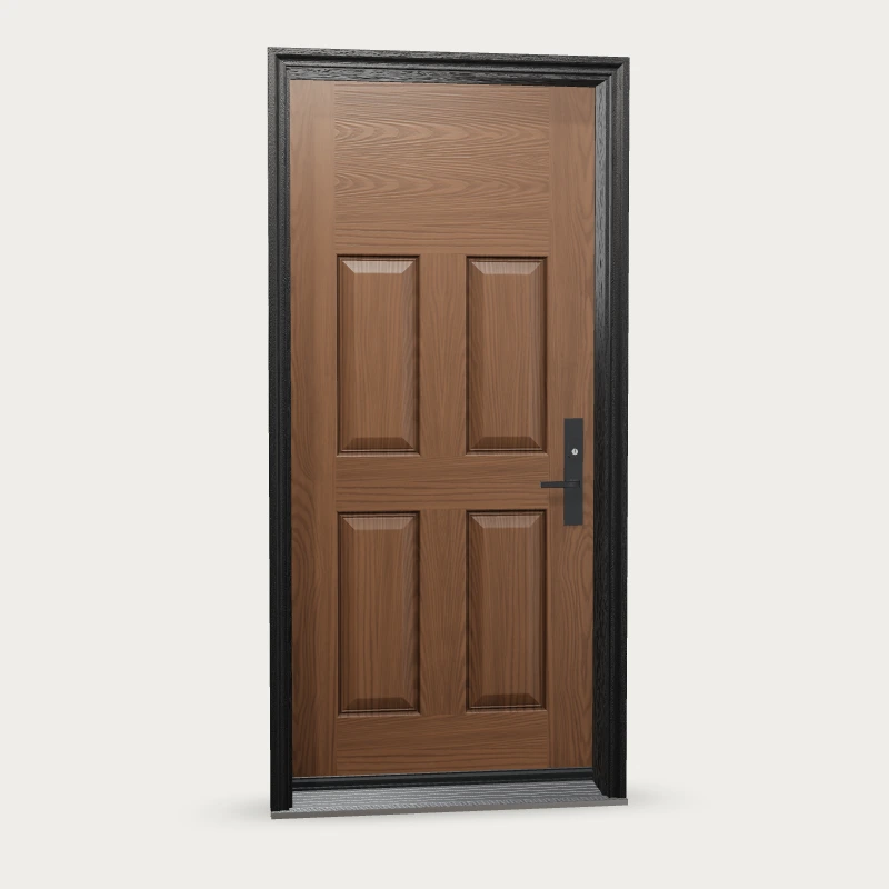 Four panel · blank top Fiberglass Entry Door shown with optional finish and hardware upgrades
