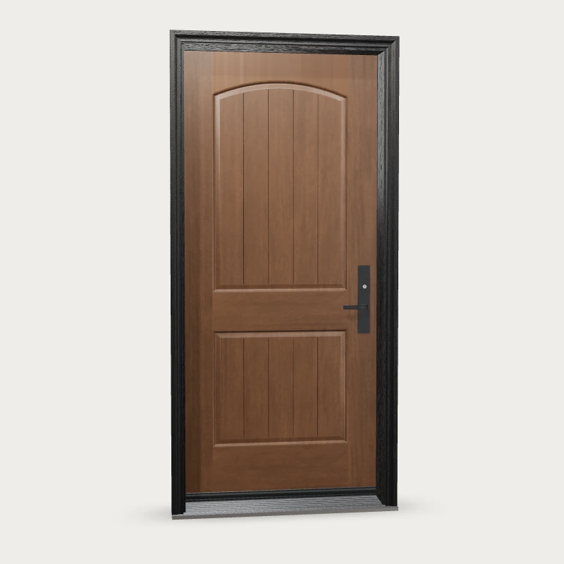 Two Panel Half Curved Top Plank Fiberglass Entry Door shown with optional finish and hardware upgrades