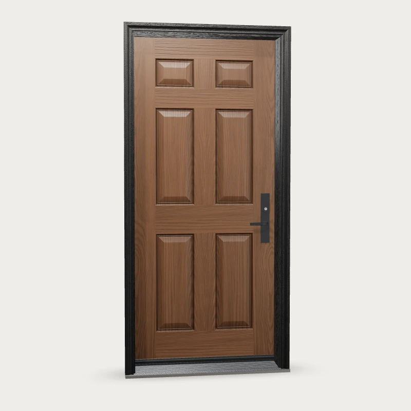 Six panel Fiberglass Entry Door shown with optional finish and hardware upgrades