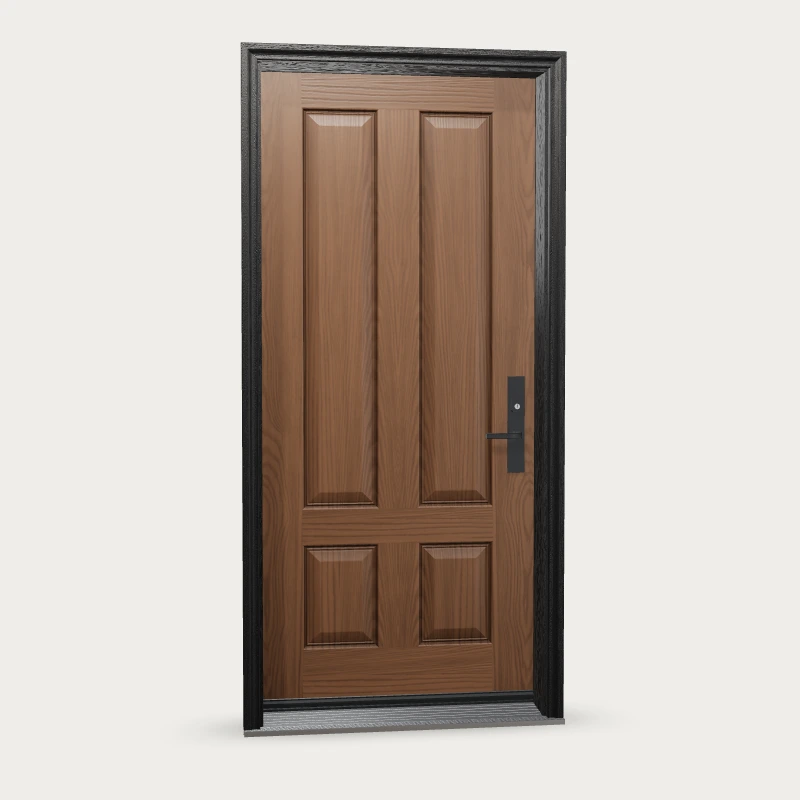 WG49 · Four panel · three-quarter Fiberglass Entry Door shown with optional finish and hardware upgrades