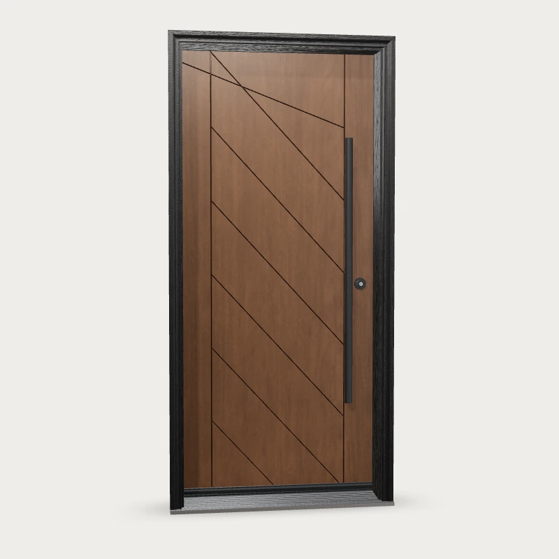 Mennie Grooved 8 Fiberglass Entry Door shown with optional finish and hardware upgrades