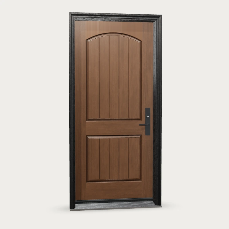 MAH2A · Two panel arch plank Fiberglass Entry Door shown with optional finish and hardware upgrades