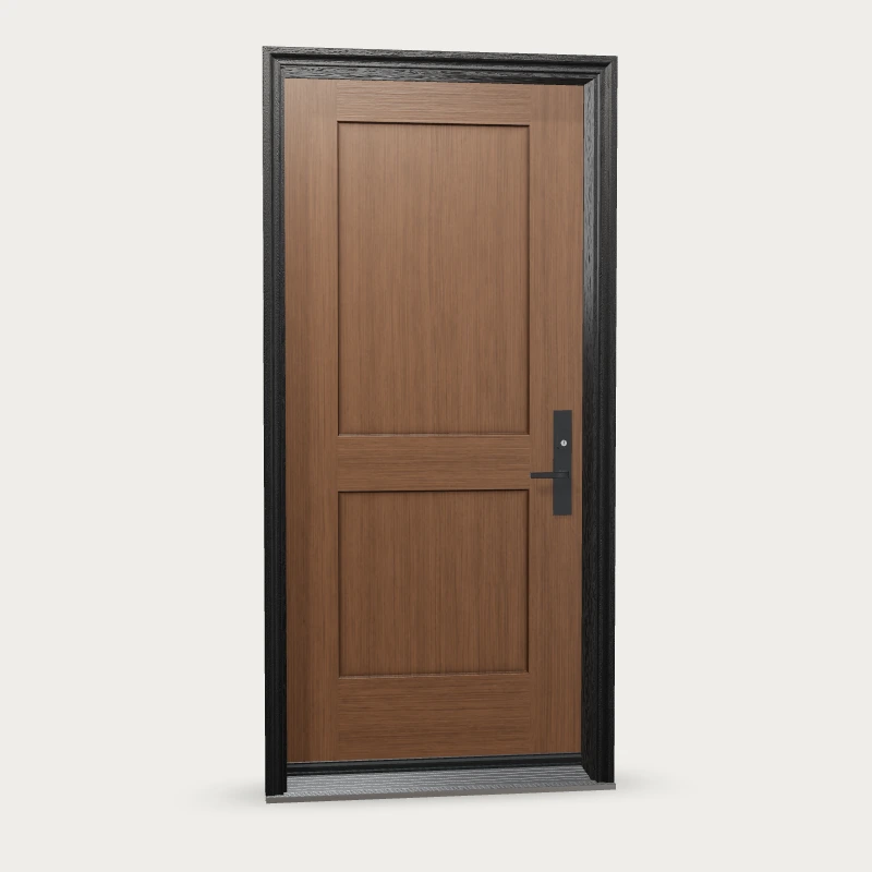 Two panel Shaker Fiberglass Entry Door shown with optional finish and hardware upgrades