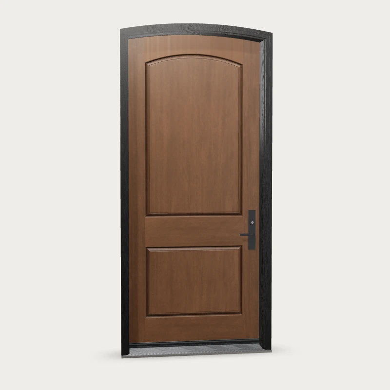 Mennie Camber top · two panel arch Fiberglass Entry Door shown with optional finish and hardware upgrades
