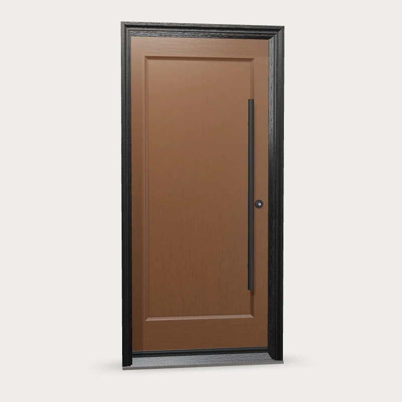 Brush Stroke solid core panel Fiberglass Entry Door shown with optional finish and hardware upgrades