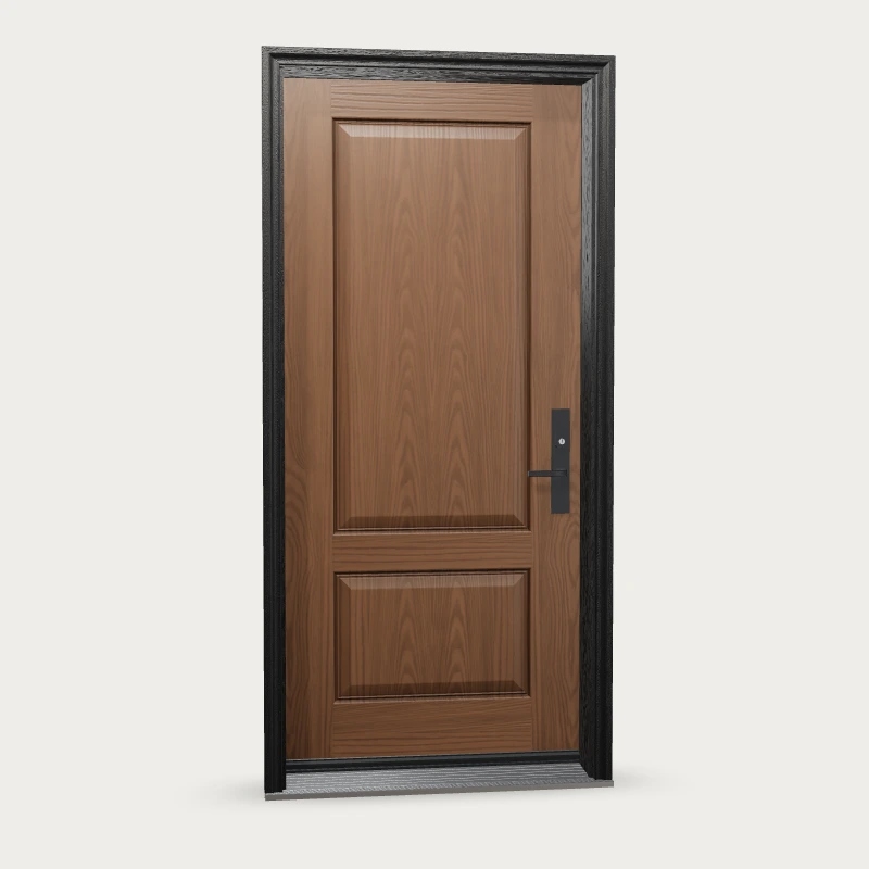 Three-quarter two panel Fiberglass Entry Door shown with optional finish and hardware upgrades