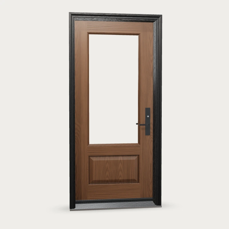 WG27 · Three-quarter open & beaded Fiberglass Entry Door shown with optional finish and hardware upgrades
