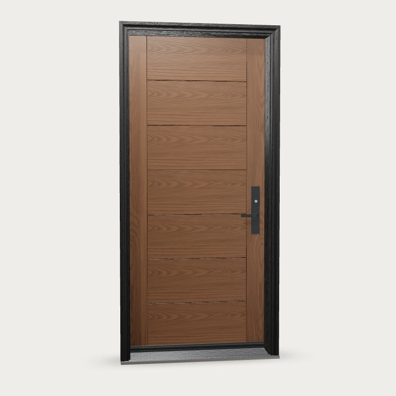 Mennie Contemporary horizontal panels Fiberglass Entry Door shown with optional finish and hardware upgrades