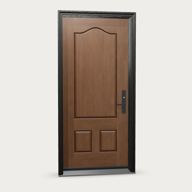 Mennie Three panel arched Fiberglass Entry Door shown with optional finish and hardware upgrades