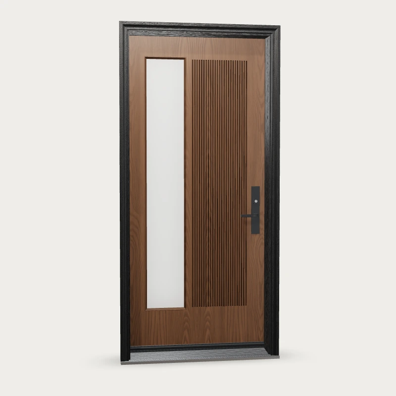 Mennie Reeded panel · sandblasted lite Fiberglass Entry Door shown with optional finish and hardware upgrades