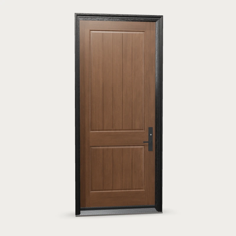 Two Panel Half With Planks · 95″ Fiberglass Entry Door shown with optional finish and hardware upgrades