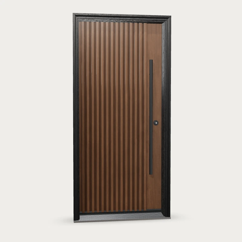 Panes Signature Fluted Fiberglass Entry Door shown with optional finish and hardware upgrades