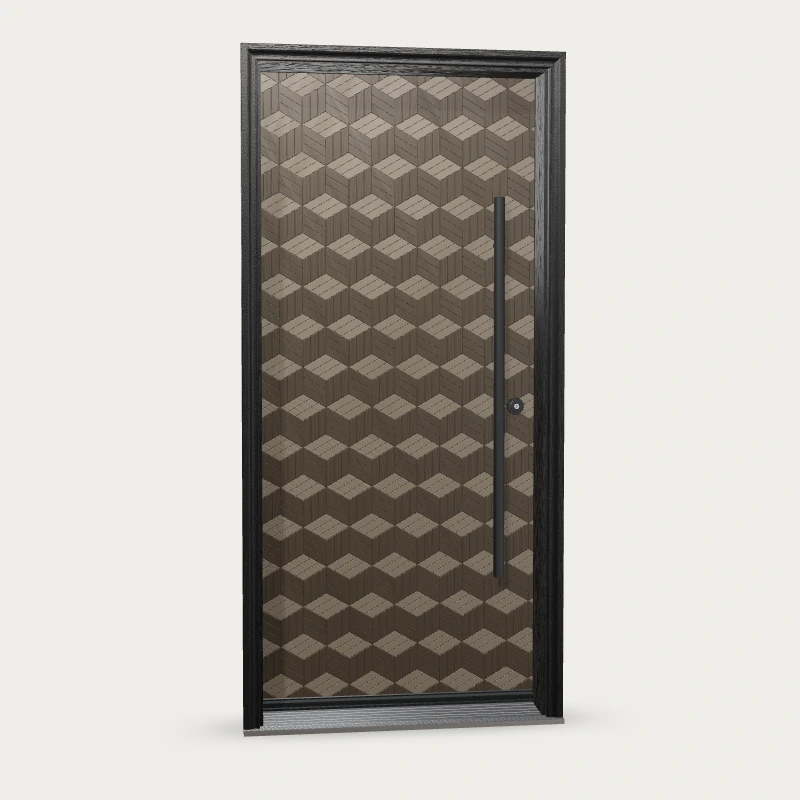 Panes Signature Cube Fiberglass Entry Door shown with optional finish and hardware upgrades