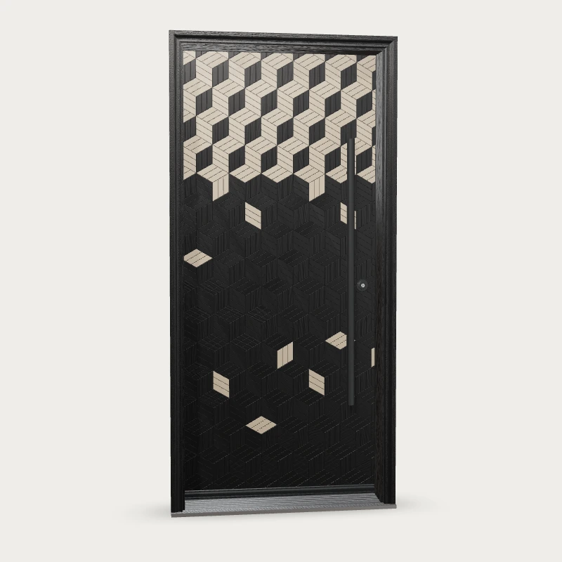 Panes Signature Cube 2 Fiberglass Entry Door shown with optional finish and hardware upgrades