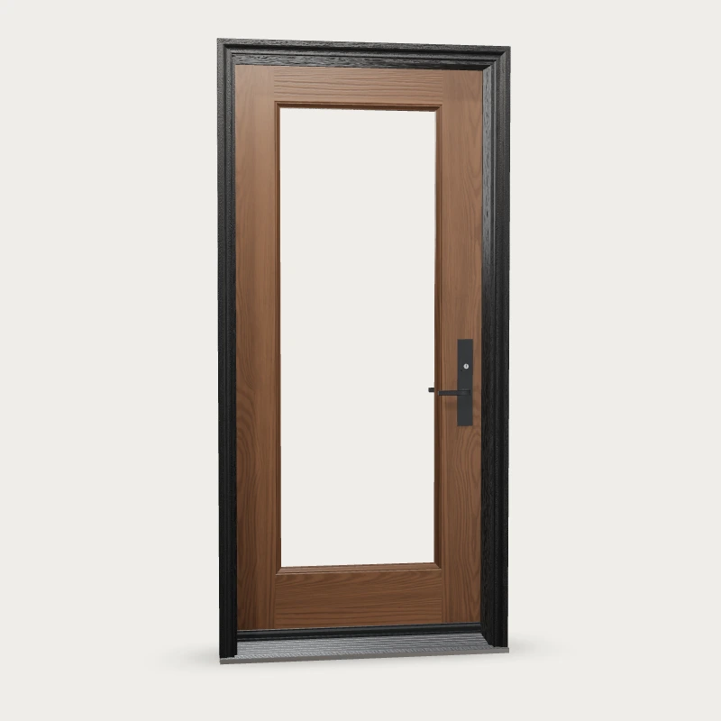 Full lite · integral surround Fiberglass Entry Door shown with optional finish and hardware upgrades
