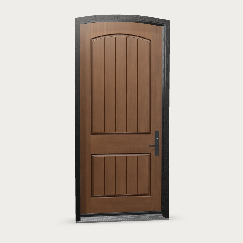Mennie Camber top · rustic arch plank Fiberglass Entry Door shown with optional finish and hardware upgrades