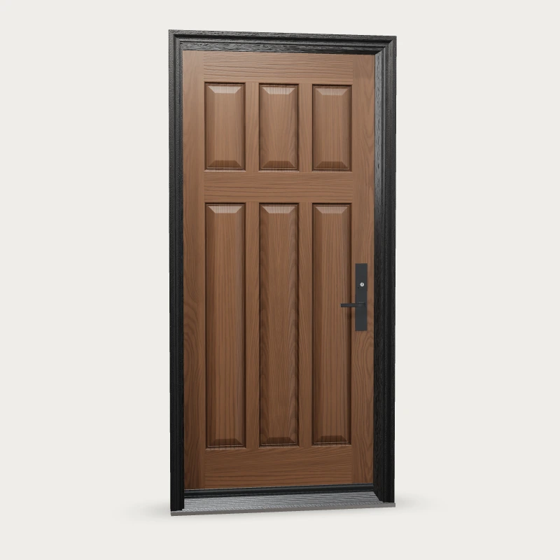 WG66 · Six vertical panels Fiberglass Entry Door shown with optional finish and hardware upgrades