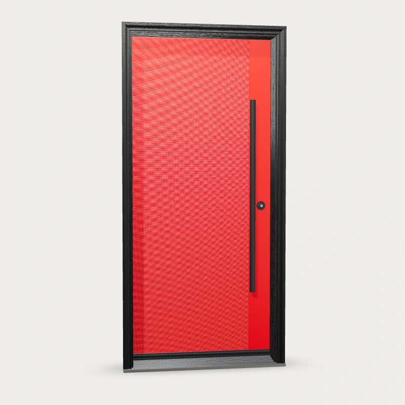 Panes Signature Knurled Fiberglass Entry Door shown with optional finish and hardware upgrades