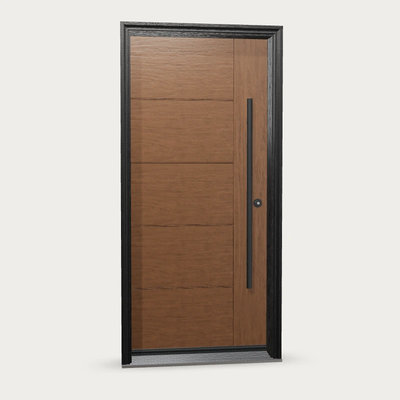 TG71 · Modern teak Fiberglass Entry Door shown with optional finish and hardware upgrades