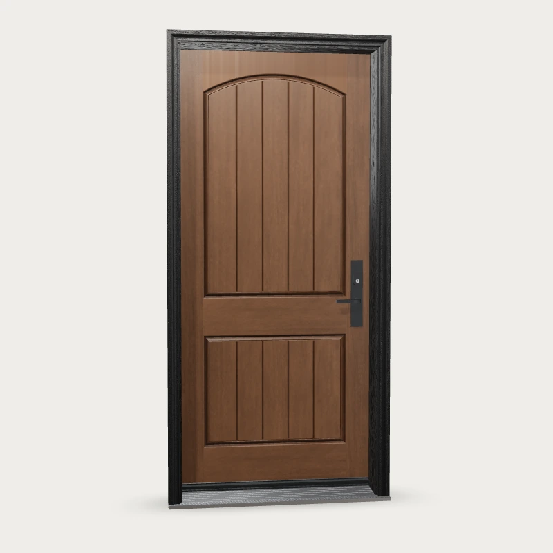 Rustic mahogany · two panel arch plank Fiberglass Entry Door shown with optional finish and hardware upgrades