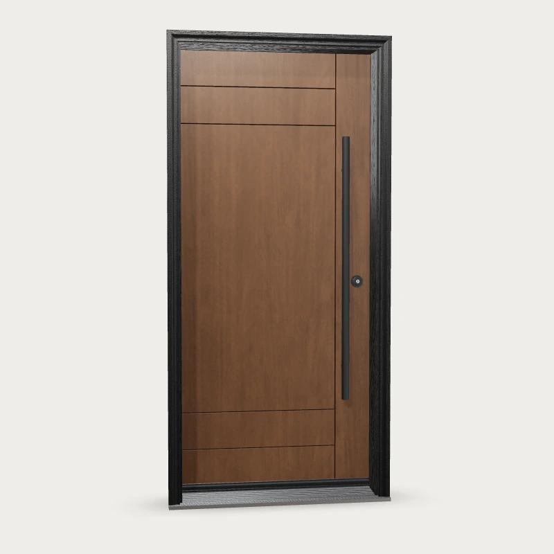 Mennie Grooved 4 Fiberglass Entry Door shown with optional finish and hardware upgrades