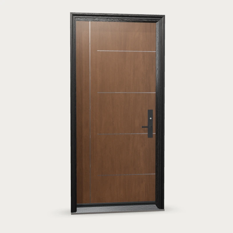 Mennie Stainless 9 Fiberglass Entry Door shown with optional finish and hardware upgrades