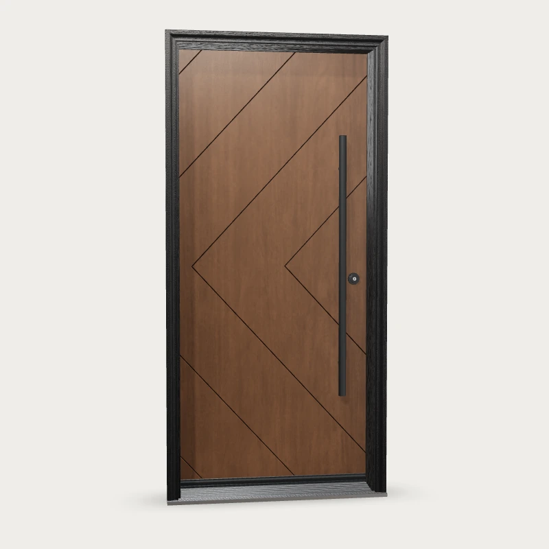 Mennie Grooved 10 Fiberglass Entry Door shown with optional finish and hardware upgrades