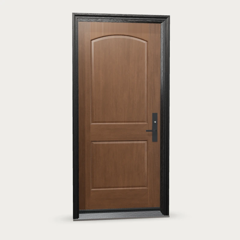 Two Panel Half Curved Top Fiberglass Entry Door shown with optional finish and hardware upgrades