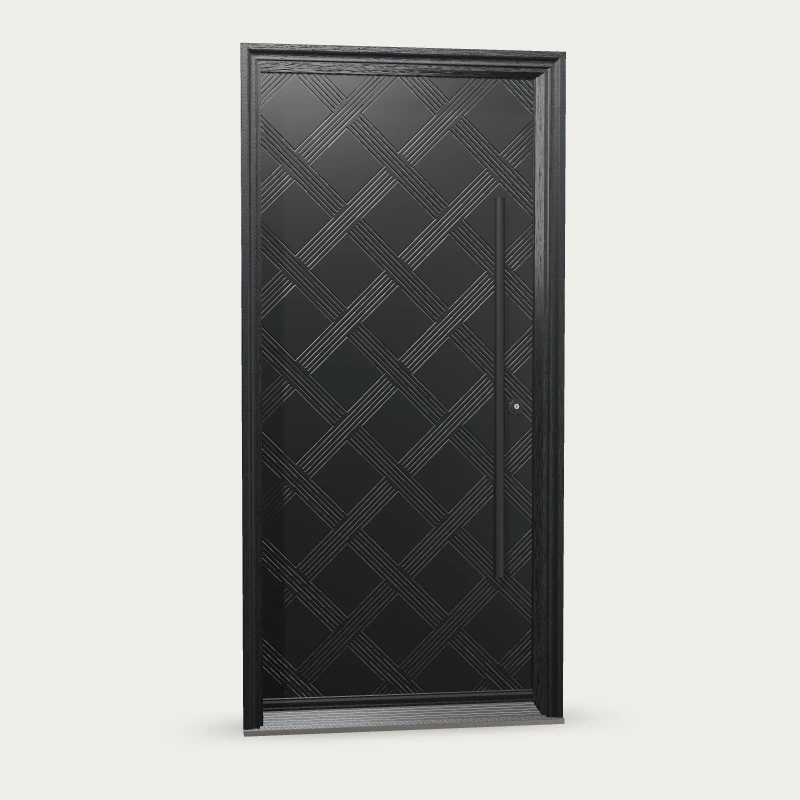 Panes Signature Rail Fiberglass Entry Door shown with optional finish and hardware upgrades