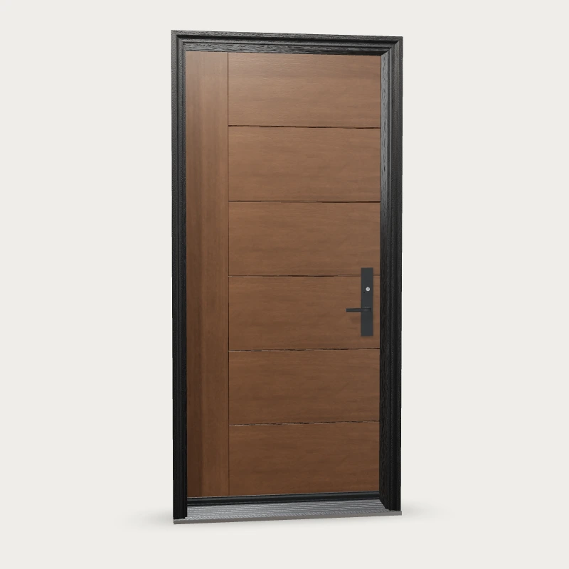 Mennie Horizontal planks with vertical stile Fiberglass Entry Door shown with optional finish and hardware upgrades
