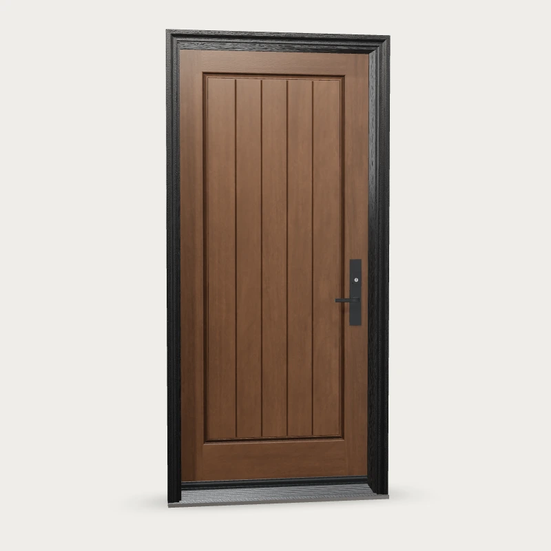 RG21 · Rustic mahogany one panel plank Fiberglass Entry Door shown with optional finish and hardware upgrades