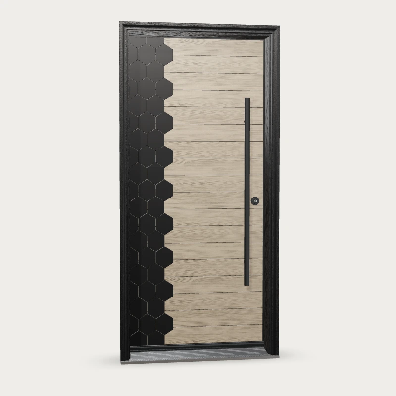 Panes Signature Novas Fiberglass Entry Door shown with optional finish and hardware upgrades