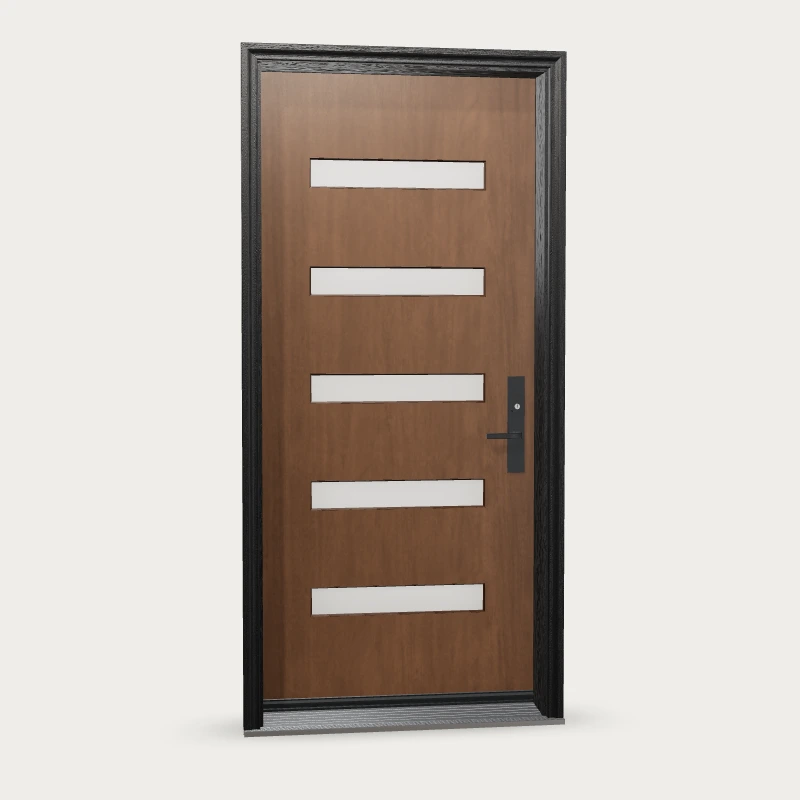 Mennie Five sandblasted lites Fiberglass Entry Door shown with optional finish and hardware upgrades