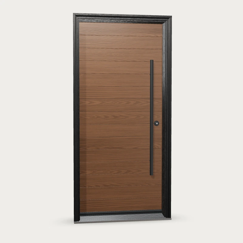 Panes Signature Harbour Fiberglass Entry Door shown with optional finish and hardware upgrades